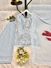 Trendy Sky Blue Georgette Embroidery Palazzo Suit